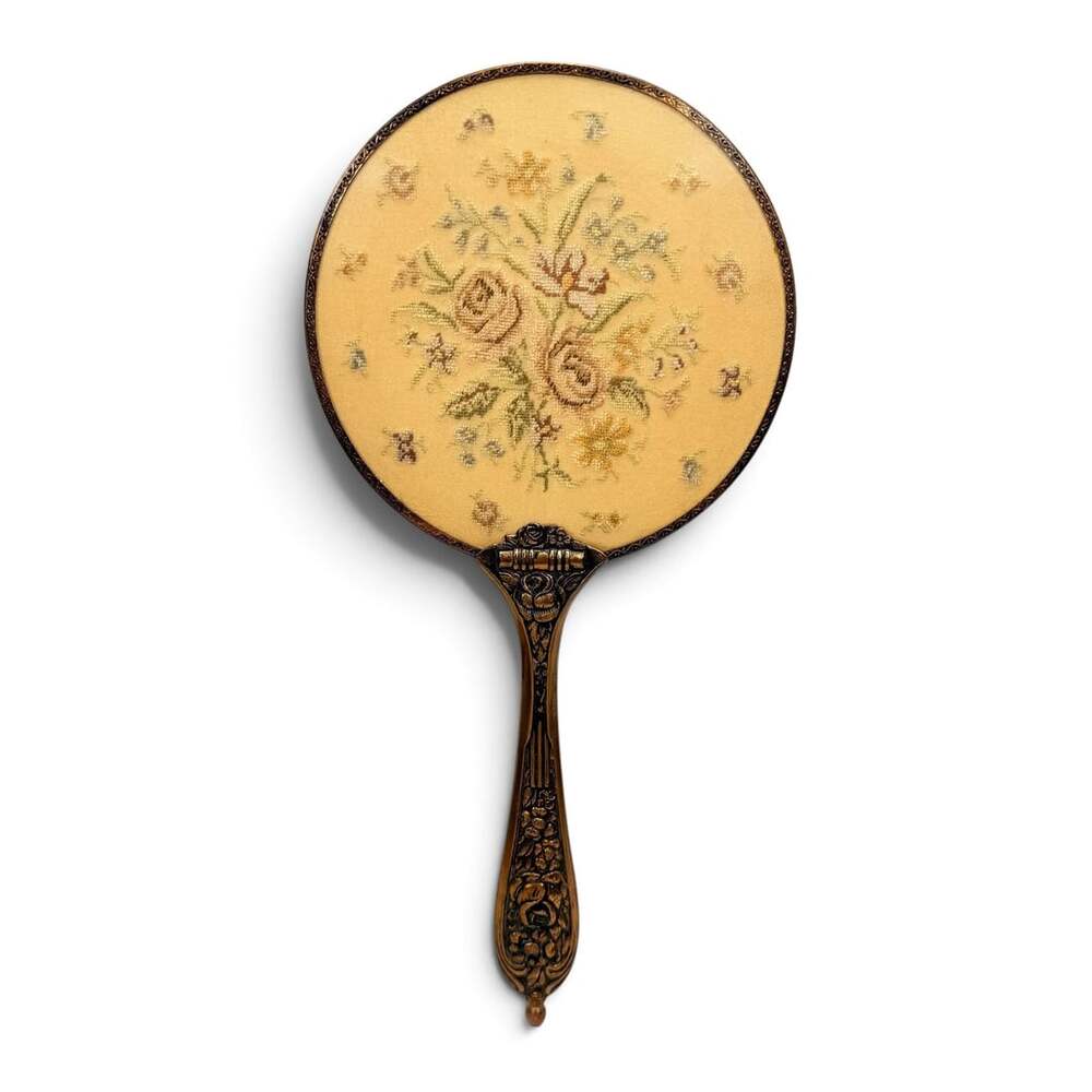 Vintage Ornate Hand Mirror Floral Design Gold Tone Decorative Mirror